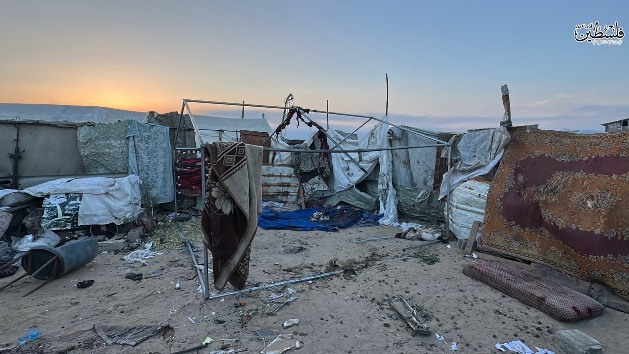 Thumbnail preview image for the video titled: Aftermath of deadly Israeli strike on tent in Khan Younis that killed 3 young men