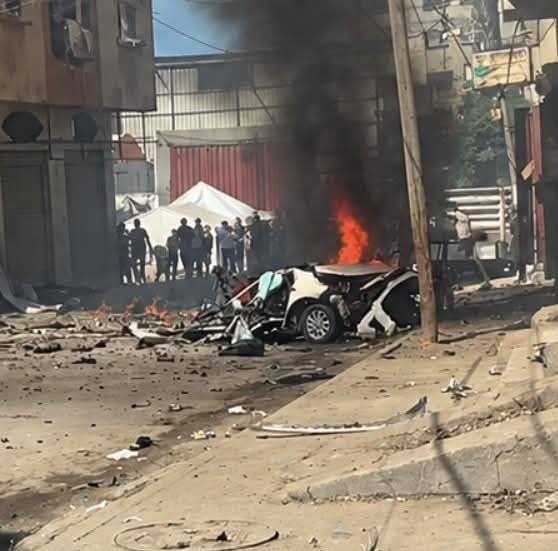 Thumbnail preview image for the video titled: Car in flames following deadly Israeli drone strike