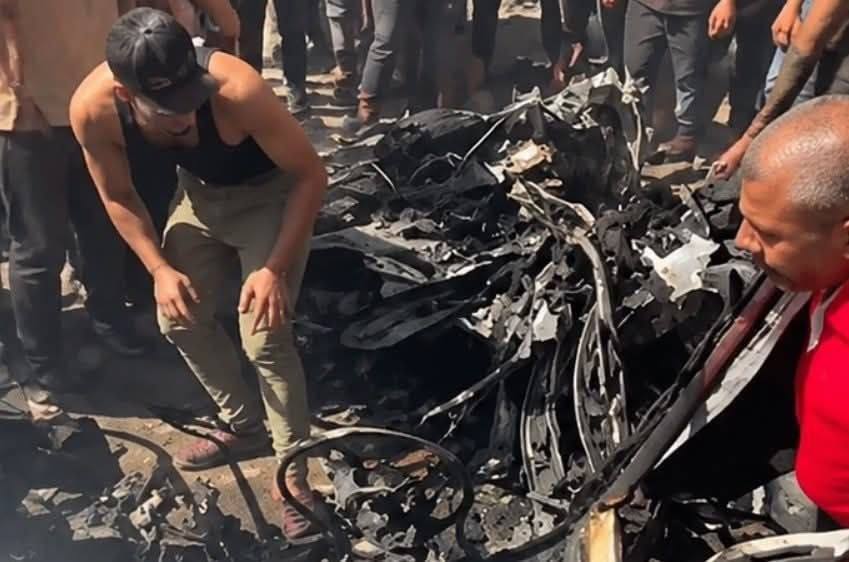 Thumbnail preview image for the video titled: Wreckage of car burnt down in deadly Israeli drone strike in eastern Gaza City