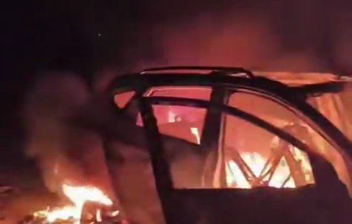 Thumbnail preview image for the video titled: Car in flames following deadly Israeli airstrike in Khan Younis