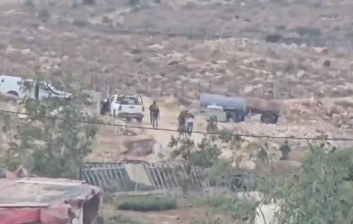 Thumbnail preview image for the video titled: Israeli forces terrorize and detain several Palestinian olive pickers on their agricultural lands in Deir Ballut