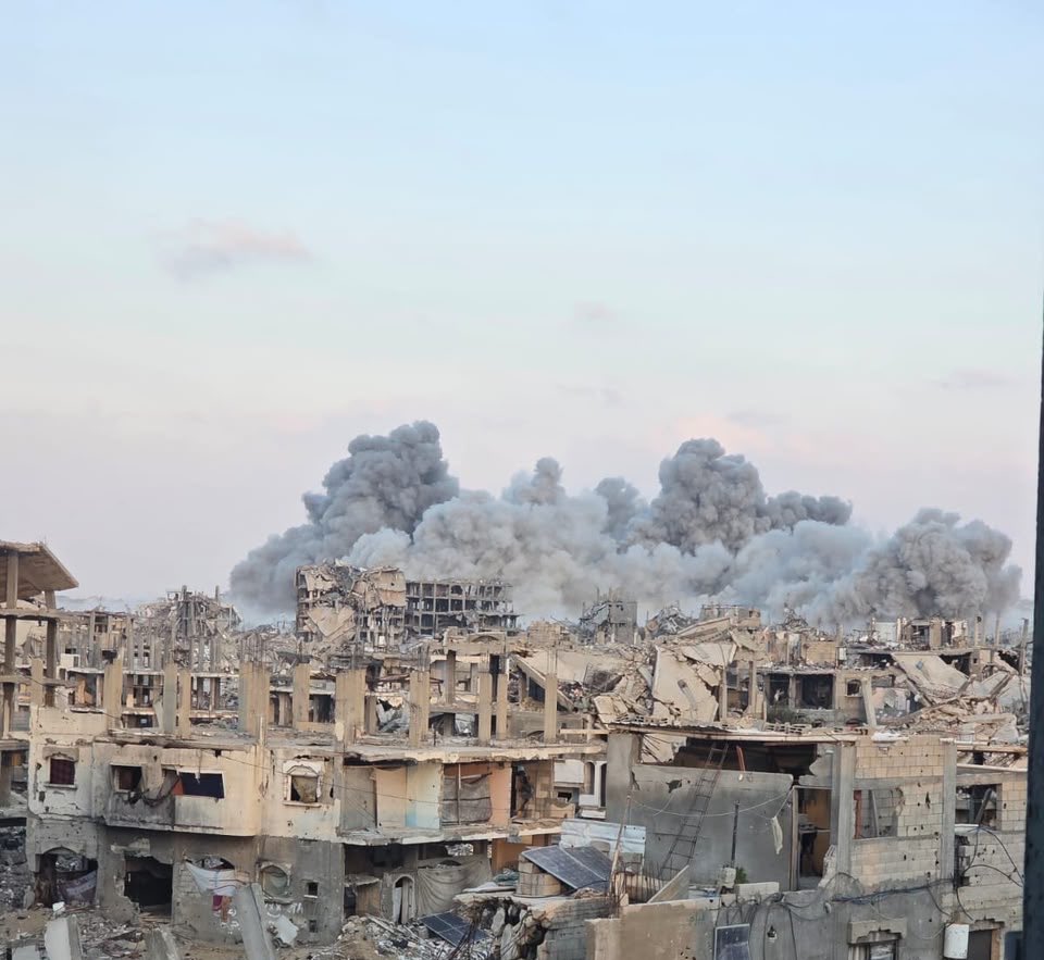 Thumbnail preview image for the video titled: Large plume of smoke over Jabalia after Israeli forces blew up more buildings
