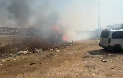 Thumbnail preview image for the video titled: Israeli soldiers fired tear gas at the Beit Furik checkpoint causing a fire