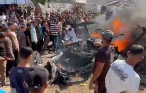 Thumbnail preview image for the video titled: Charred wreckage of car bombed by Israeli drone killing a police officer
