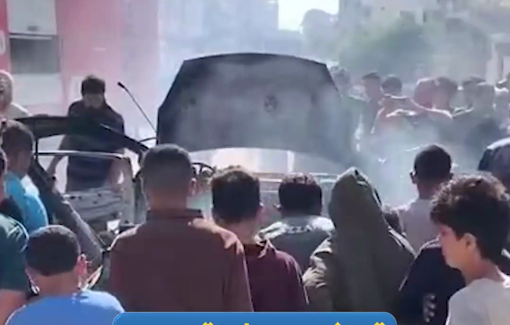 Thumbnail preview image for the video titled: Charred wreckage of car bombed by Israeli drone killing a police officer