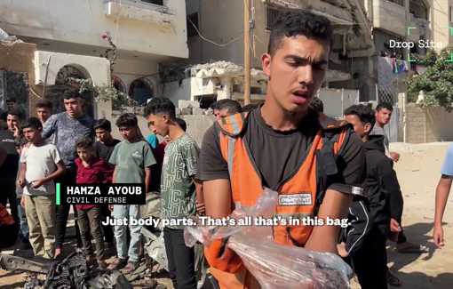 Thumbnail preview image for the video titled: Civil Defense collect shredded body parts of police officer killed by Israeli strike on his car
