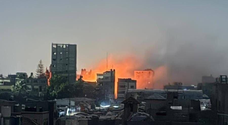 Thumbnail preview image for the video titled: Fire breaks out after Israeli bombing of residential block in Nuseirat