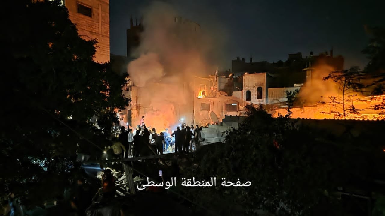 Thumbnail preview image for the video titled: Fire breaks out after Israeli bombing of residential block in Nuseirat