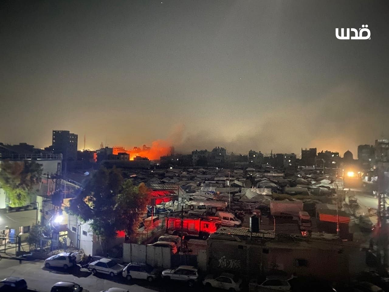 Thumbnail preview image for the video titled: Large fire breaks out after Israeli bombing of residential block in Nuseirat