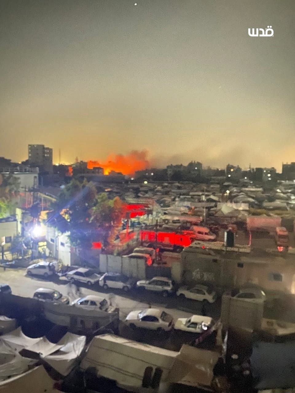 Thumbnail preview image for the video titled: Large fire breaks out after Israeli bombing of residential block in Nuseirat
