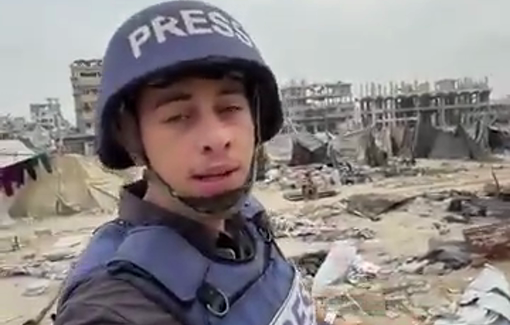 Thumbnail preview image for the video titled: Displacement camp burned down after Israeli drone dropped incendiary charges over it
