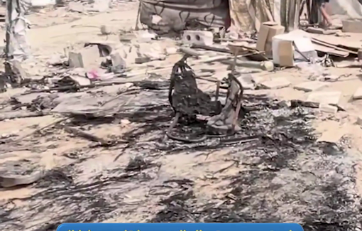 Thumbnail preview image for the video titled: Displacement camp burned down after Israeli drone dropped incendiary charges
