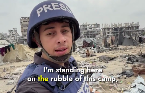 Thumbnail preview image for the video titled: Displacement camp burned down after Israeli drone dropped incendiary charges over it