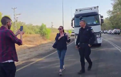 Thumbnail preview image for the video titled: MK Yulia Malinovsky physically blocked Gaza-bound aid trucks with her body for a photo-op